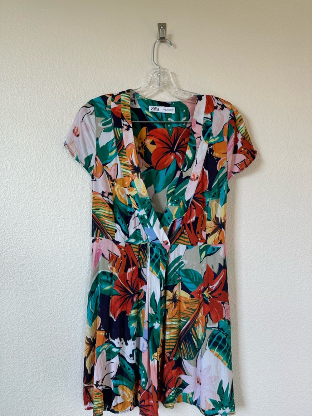 Zara Tropical Floral Wrap Mini Dress Pockets Size M (Fits Like XS)